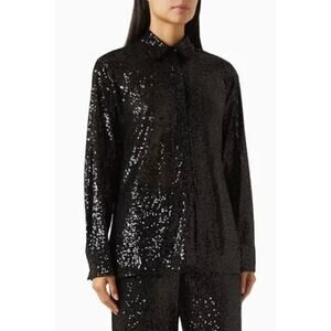 ENZA COSTA Long Sleeve Sequin Button Up Shirt Womens Medium Black Collared
